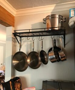30" Wall mounted pots and pans rack. Pot holders wall shelves with 12 hooks. Kitchen shelves wall mounted with wall hooks. Kitchen storage pot holder pot rack. Pot pan organizer. Pot Pan rack. 28 71XBYc 4m4L
