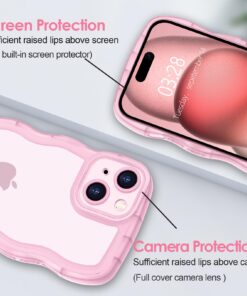 Anuck for iPhone 15 Case Wavy Edge Clear Back Design, Anti-Slip Grip Cute Wave Curly Frame Shape Shockproof Soft TPU & Hard Bumper Protective Phone Case Cover for Women Girls, Clear Pink 7 71XNk4XBB2L