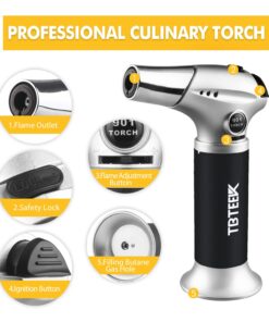 TBTEEK Butane Torch, Kitchen Torch Cooking Torch with Safety Lock & Adjustable Flame for Cooking, BBQ, Baking, Brulee, Creme, DIY Soldering(Butane Not Included) Silver 28 71XSrUjbN8L 1