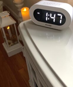 REACHER Small LED Digital Alarm Clock with Snooze, Simple to Operate, Full Range Brightness Dimmer, Adjustable Alarm Volume, Outlet Powered Compact Clock for Bedrooms, Bedside, Desk, Shelf(White) White Digit 29 71XTwUraGEL