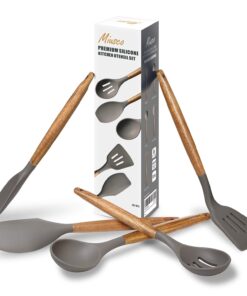 Alternative view of Miusco Non-Stick Silicone Kitchen Utensils Set with Natural Acacia Hard Wood Handle, 5 Pieces, Grey, BPA Free, Baking, Serving and Cooking Utensils Gray
