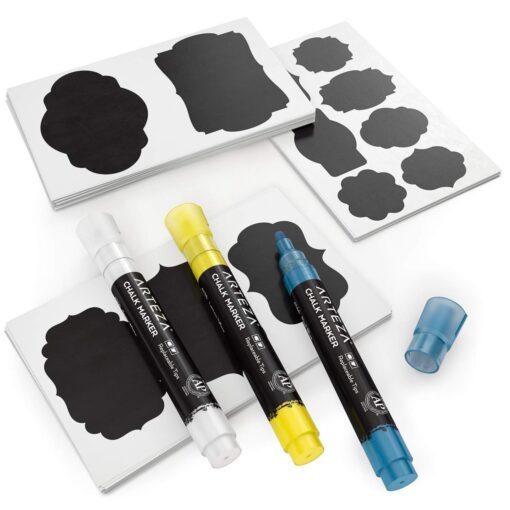 Arteza 150 Chalkboard Labels + 3 Colored Chalk Markers - Removable Chalk Labels for Jars - Waterproof Mason Jar Stickers 3 Colors