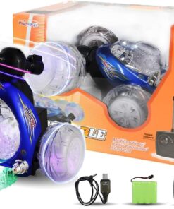 Haktoys Remote Control Stunt Car Radio Control Invincible Tornado Truck Rechargeable with Flashing Lights and Quiet Play Mode Tumbling and Spinning Action RC Car for Kids Blue 25 71XlJb6271L