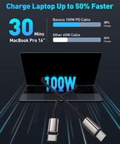 USB C Cable, Baseus 100W PD 5A QC 4.0 Fast Charging USB C to USB C Cable, Zinc Alloy Nylon Braided USB Type C Charger Cable for iPhone 15/Pro/Plus/Pro Max, MacBook, iPad Pro/Air/Mini, Samsung S23/S22+ 3.3ft Black 9 71XmB5XK0L