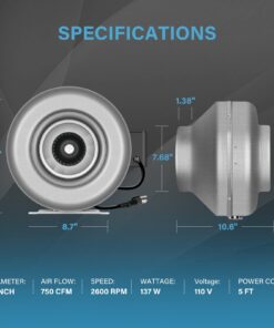 Alternative view of iPower GLFANXINLINE8 8 Inch 750 CFM Inline Duct Ventilation HVAC Exhaust Blower for Grow Tent, Grounded Power Cord, 8" Fan, Grey