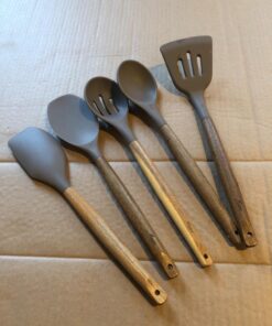 Miusco Non-Stick Silicone Kitchen Utensils Set with Natural Acacia Hard Wood Handle, 5 Pieces, Grey, BPA Free, Baking, Serving and Cooking Utensils Gray 41 71XvO5eDO1L
