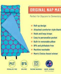 Wildkin Original Nap Mat with Reusable Pillow for Boys and Girls, Perfect for Elementary Sleeping Mat, Features Hook and Loop Fastener, Soft Cotton Blend Materials Nap Mat for Kids (Big Dot Aqua) Big Dot Aqua 14 71Y1FEDSIuL