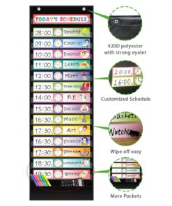REGELETO 15+1 Pockets Daily Schedule Pocket Chart with 30 Pcs Double-Sided Reusable Cards, Scheduling Pocket Chart for Classroom Office Home Preschool Activity(Black)… 15 Pockets 16 71Y1a ojkwL