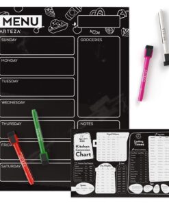 Arteza Dry Erase Magnetic Chalkboard Menu Planner Set (16" x 12" Black Dry Erase Board, 9" x 6" Kitchen Conversion Chart, 12 Colorful fine tip Markers, Microfiber Sponge, Spray Bottle) 16 x 12 Inches 22 71Y3HE5pFhL