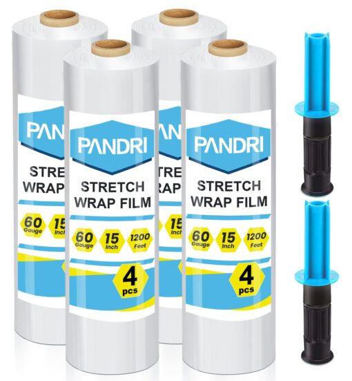 Stretch Film, PANDRI 4 Rolls Stretch Wrap with Handles Industrial Strength, Clear Shrink Wrap, Plastic Wrap for Moving Pallet Wrap, 15" x 1200 Ft Per Roll, 60 Ga, 2 Handles