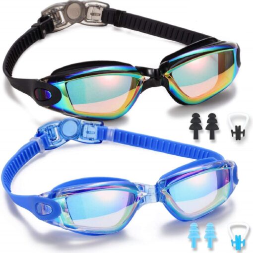 Yizerel Swim Goggles, 2 Pack Swimming Goggles for Adult Men Women Youth Kids Child Black/Blue(mirrored)