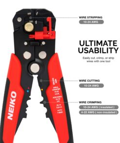 NEIKO 01924A 3-in-1 Automatic Wire Stripper, Cutter, and Crimping Tool, Auto Self-Adjusting Pliers that Cut up to 10 AWG 3-in-1 Auto Wire Strippers, Red 19 71Y8P zyBKL