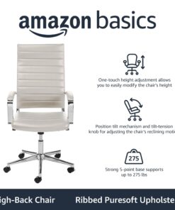 Amazon Basics High-Back Executive Swivel Office Desk Chair with Ribbed Puresoft Upholstery, Lumbar Support, Modern Style, 23.9"D x 24.69"W x 41.5"H, Stunning White 26 71YDtWv Q9L