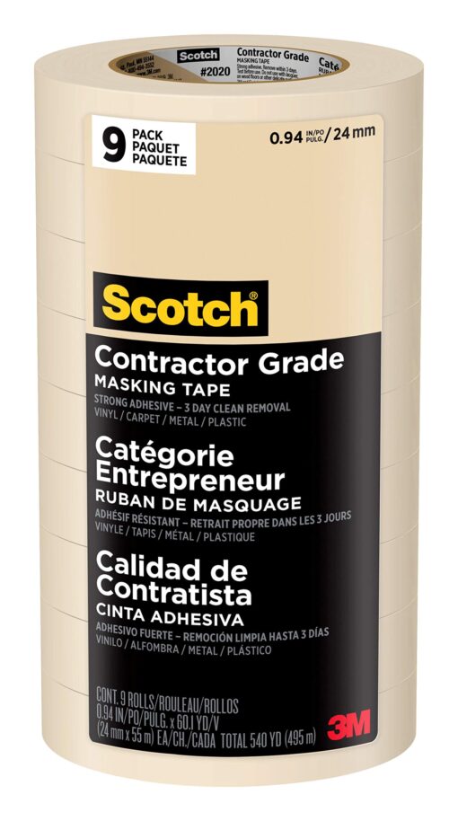 Scotch Contractor Grade Masking Tape, Tan, Tape for General Use, Multi-Surface Adhesive Tape, 0.94 Inches x 60.1 Yards, 9 Rolls 0.94" Width