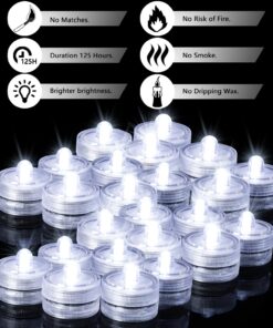 JINHEZO Submersible LED Light, Tea Lights, Pond Underwater Small LED Lights, Battery Operated 125 Hours, for Wedding Home Vase Festival Party Decoration White 24Pcs (Built-in 48 Batteries) 24 Pack 30 71YMSR76lvL