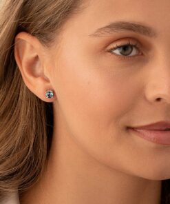 Peora London Blue Topaz Stud Earrings 925 Sterling Silver, Solitaire Scroll Gallery, Natural Gemstone Birthstone, 2 Carats Total, Round Shape 6mm, Friction Backs 17 71YQadC SS