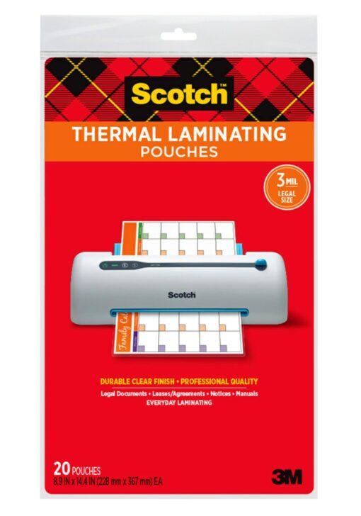 Scotch Thermal Laminating Pouches, Clear, Fits Legal Sized (8.9 in. × 14.4 in.) Paper, 20 Pouches