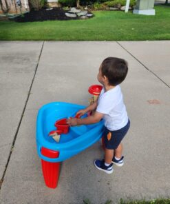 Amazon Basics 6 Piece Kids’ Sensory Sand & Water Wheel Play Table, 2 Floating Sailboats, Bucket, Tower, Easy Snap-Together Assembly, Red/Blue 19 71YaJHsjC2L