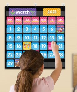 REGELETO 44 Pockets Calendar Pocket Chart for Classroom with 85 Cards, Monthly Calendar and Weather Black Pocket Chart for Kids Learning for Home or Kindergarten (25” X 24”) 44Pockets-1Pack 15 71YbTNDc6 L