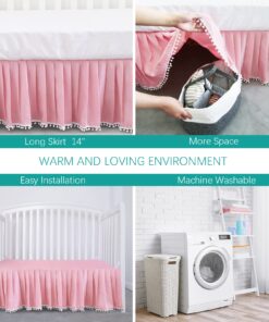 Pink Crib Skirt Pleated with White Lovely Pompoms, Bedding Dust Ruffle for Baby Girls, 14" Drop, Fit All Standard Crib Bed, Fade Resistant Crib Bed Skirt Machine Wash Tassel Pink 21 71Z2prKVtDL