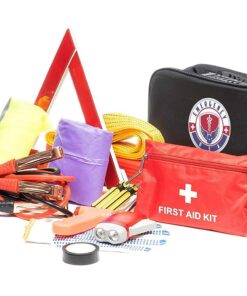 Roadside Assistance Emergency Car Kit - First Aid Kit, Jumper Cables, Tow Strap, led Flash Light, Rain Coat, Tire Pressure Gauge, Safety Vest and More Ideal Winter Accessory for Your Car (Black) Black 13 71ZGqSCPTL