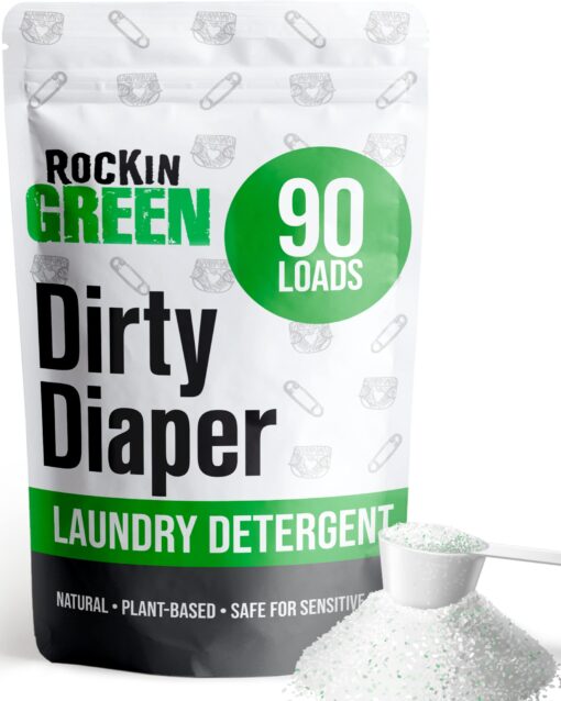 Rockin' Green Laundry Detergent, Plant based, All Natural Laundry Detergent Powder, Vegan and Biodegradable Odor Fighter, Safe for Sensitive Skin (Baby Cloth Diaper 90 Loads -Unscented) Dirty Diaper