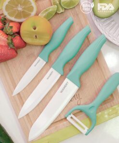 Ceramic Knife Set with Block - Chef Knife, Utility Knife, Paring Knife Rust Proof Sharp Turquoise Kitchen Knife Set with Wood Block and Fruit Peeler 36 71ZNzLTt4LL 1