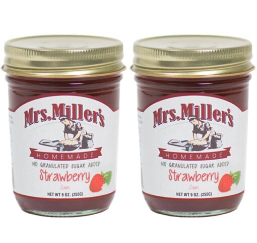 Mrs. Miller's Amish Homemade Strawberry No Granulated Sugar Added Jam 9 Ounces - Pack of 2 (No Corn Sugar) 9 Ounce (Pack of 2)