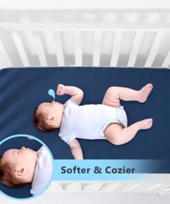 TILLYOU Mini Crib Fitted Sheets 2 Pack - Soft Jersey Knit Microfiber Playpen Bedding Sheet for Baby, Portable Mini Pack n Play Sheet, Machine Washable, 38'' x 24'',Light Gray & Navy Blue 2-pack Light Gray & Navy Blue mini crib sheet 13 71ZfmX4CHQL
