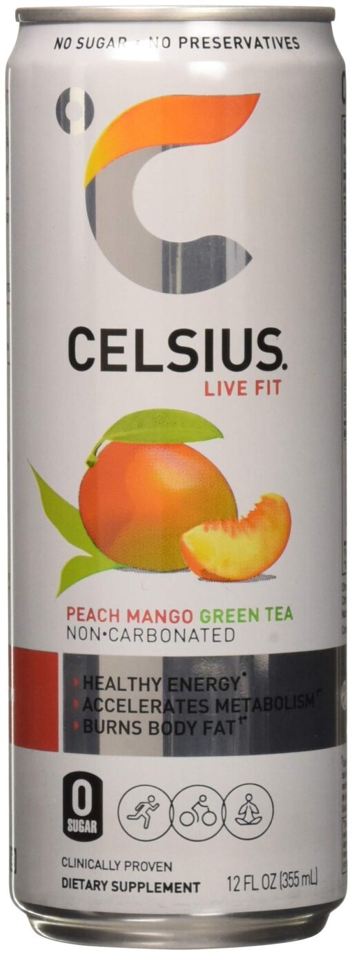 Celsius Celsius - Peach Mango Green Tea, 12 - 12 fl oz (355mL) Cans 12 Fl Oz (Pack of 12)