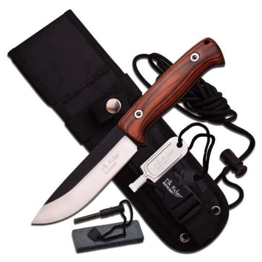 Elk Ridge ER-555 Series Fixed Blade Knife with Survival Kit, 10.5-Inch Overall Brown Pakkawood