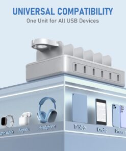 Alternative view of Charging Station for Multiple Devices, HSicily 6 Port Multi Device Charging Station, Multiple Charging Station with 6 Cables Designed for iPhone iPad Cell Phones Tablets Kindle Apple Watch Silver HS50