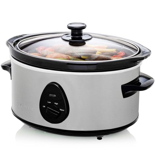 OVENTE Electric Slow Cooker with 3.7 Qt Ceramic Pot and 3 Cooking Settings, Dishwasher-Safe Stoneware, Tempered Glass Lid, Portable Multicooker Perfect for Soups Sauces Stews & Dips, Silver SLO35ABR 3.7 Quart