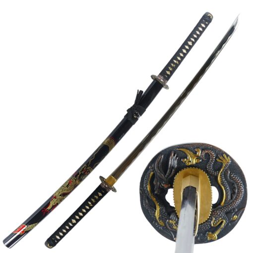 Makoto Hand Forged Razor Sharp 41" Black Samurai Katana Sword - Hand Painted High Gloss Black Scabbard Dragon_Round Tsuba