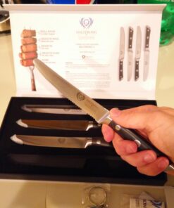Dalstrong Steak Knives - Set of 4 - Serrated Blade - Gladiator Series Elite - Forged German High-Carbon Steel - Table Dinner Kitchen Knives - Sheaths - Razor Sharp - Dinner Set - NSF Certified 5" Serrated Black 46 71aXrfH2fL