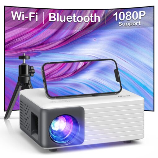 Mini Projector with WiFi and Bluetooth, 1080P Supported iPhone Projector with Projector Stand, Portable Movie Projector for Home Theater/Outdoor, Compatible with iOS/Android/Laptop/TV Stick/HDMI/PS5 Black