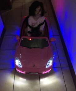 Moderno Kids Kiddie Roadster 12V Power Children Ride-On Car with R/C Parental Remote + Leather Seat 5 Point Seat Belt + LED Wheels + MP3 USB Music Player + Baby Tray Table + Rubber Floor Mats (Pink) Pink 76 71aaCXzatbL 1