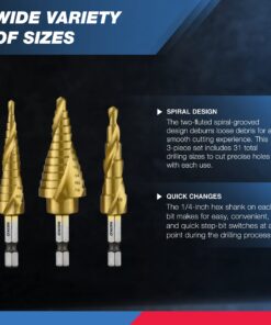 Neiko - 43219-22909 10181A Quick Change HSS Titanium Coated Spiral Grooved Step Drill Bit 3-Piece Set | 31 Step Sizes in One Kit 10 71adTXoF47L