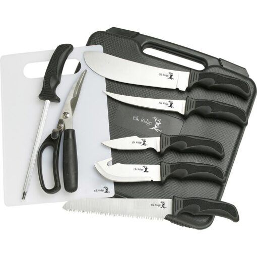 Elk Ridge - Outdoors Hunting Knife Set - Game Processing Kit - 9-PC Set, Includes Cutting Board and Hard Sided Storage Case - Hunting, Camping, Survival, ER-190, Multicolor, One Size