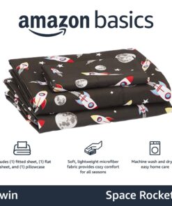 Amazon Basics 3 Piece Kid's Soft Easy-Wash Microfiber Sheet Set, Twin (Pack of 3), Space Grey Rockets Print Twin (Pack of 3) 8 71agjvdPF4L
