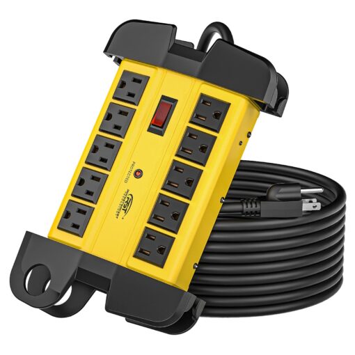 CRST 10-Outlets Heavy Duty Power Strip Metal Surge Protector with 15 Amps, 15-Foot Power Cord 2800 Joules for Garden, Kitchen, Office, School, ETL Listed(3165047) (10-Outlet, Yellow) 15FT