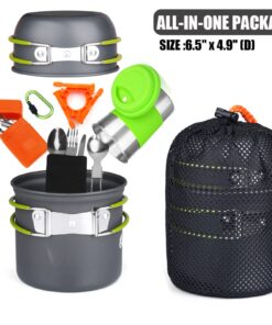 Bisgear Camping Cookware Portable Backpacking Stove Canister Stand Tripod Stainless Steel Cup Flatware Mess Kit - Camping Pot and Pans Cooking Set - Camping Gear Must Haves 12 pcs(Green) 20 71ahAuTd0aL