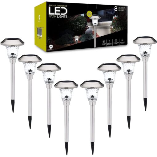 Morvat LED Auto Solar Powered Outdoor Path Lights with Stainless Steel & Glass Lens for Garden Yard & Pathway, Bright Waterproof Landscape & Patio Lighting, Dusk to Dawn, White Light, 8 Pack