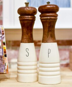Alternative view of Mud Pie Farmhouse Wood and Enamel Mills Salt and Pepper Set, 10 1/2" x 3" dia, White, Brown