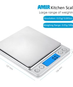 (Upgraded) AMIR Digital Kitchen Scale, 500g Mini Pocket Jewelry Scale, Cooking Food Scale, Back-Lit LCD Display, 2 Trays, 6 Units, Auto Off, Tare, PCS, Stainless Steel (Batteries Included) Silver 26 71b6pq7cIL