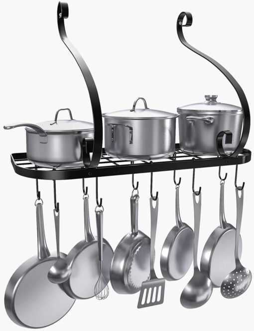 Vdomus Wall Mounted Pot and Pan Rack for Kitchen, Cookware Hanging rack with 10 Hooks Included, Hanging Pan Organizer, Black 24 x 10 Inches