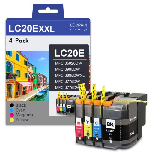 LC20E Super High Yield Ink Cartridges(4-Pack,) - Lvan Compatible LC20E Black Cyan Magenta Yellow Ink Cartridge Set Replacement for Brother LC20E MFC-J5920DW MFC-J985DW MFC-J985DWXL MFC-J775DW Printer