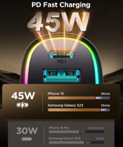 Alternative view of USB C Car Charger, 45W 4 Ports Super Fast Car Charger Adapter, PD 3.0 & QC 3.0 30W Type C Car Charger Compatible with iPhone13 Pro Max/Samsung Galaxy 22/Google Pixel, Cigarette Lighter USB Charger Black