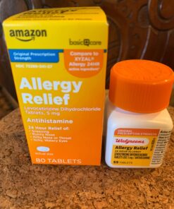 Amazon Basic Care 24 Hour Allergy Relief, Levocetirizine Dihydrochloride Tablets, 5 mg, Antihistamine, Relieves Sneezing, Runny Nose, Itchy Nose or Throat and Itchy, Watery Eyes, 80 Count 38 71baqPgquXL