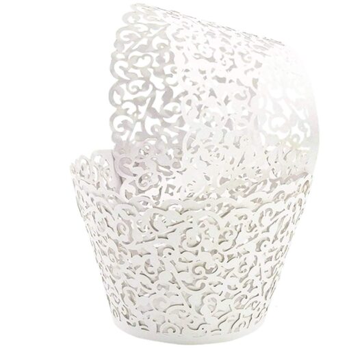 GOLF 100Pcs Cupcake Wrappers Artistic Bake Cake Paper Filigree Little Vine Lace Laser Cut Liner Baking Cup Wraps Muffin CaseTrays for Wedding Party Birthday Decoration (White) White